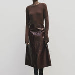 Brown slim fit wool Tencel crewneck sweater by Mijeong Park