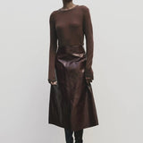 Brown slim fit wool Tencel crewneck sweater by Mijeong Park