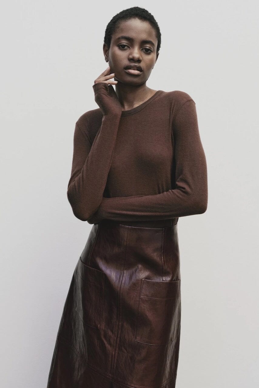 Brown slim fit wool Tencel crewneck sweater by Mijeong Park