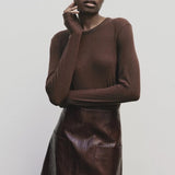 Brown slim fit wool Tencel crewneck sweater by Mijeong Park