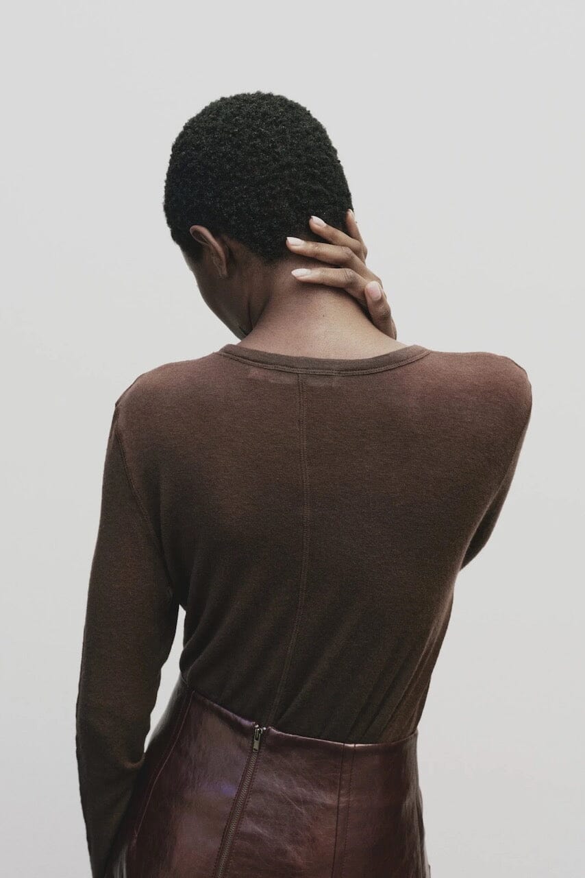 Brown slim fit wool Tencel crewneck sweater by Mijeong Park