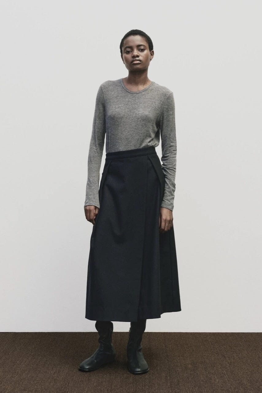 Heather gray slim fit wool Tencel crewneck sweater by Mijeong Park
