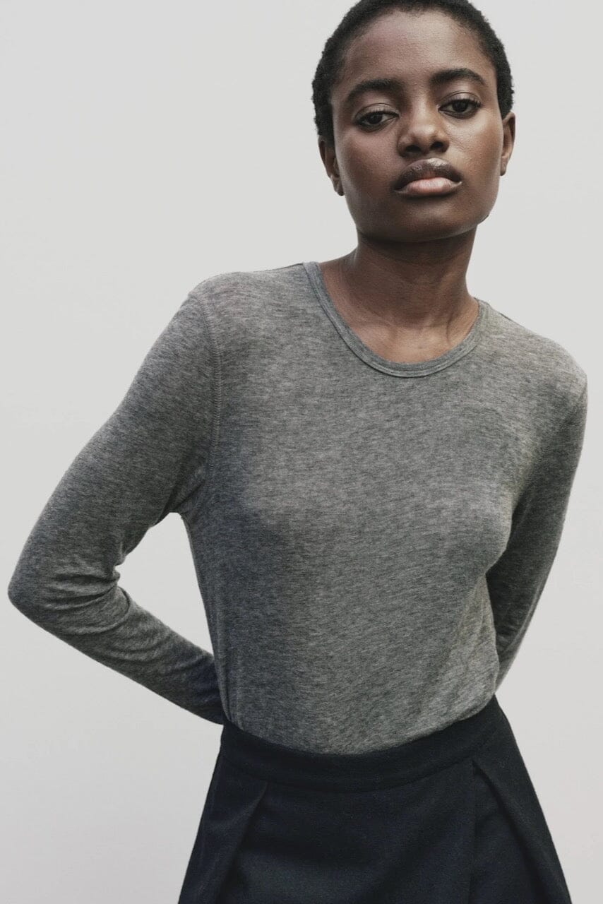 Heather gray slim fit wool Tencel crewneck sweater by Mijeong Park