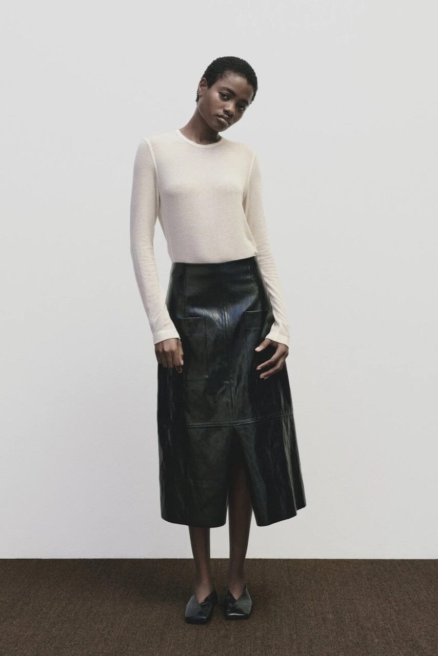 Ivory slim fit wool Tencel crewneck top by Mijeong Park