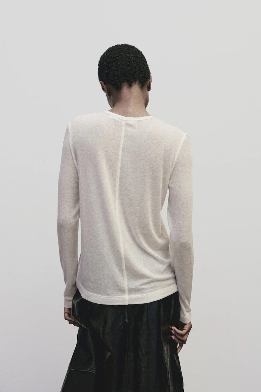 Ivory slim fit wool Tencel crewneck top by Mijeong Park
