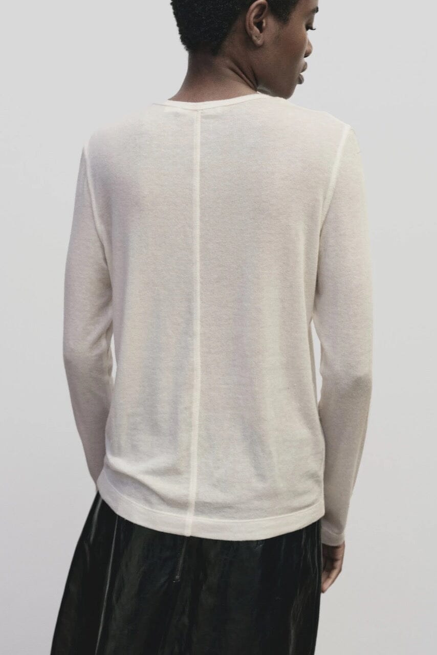 Ivory slim fit wool Tencel crewneck top by Mijeong Park