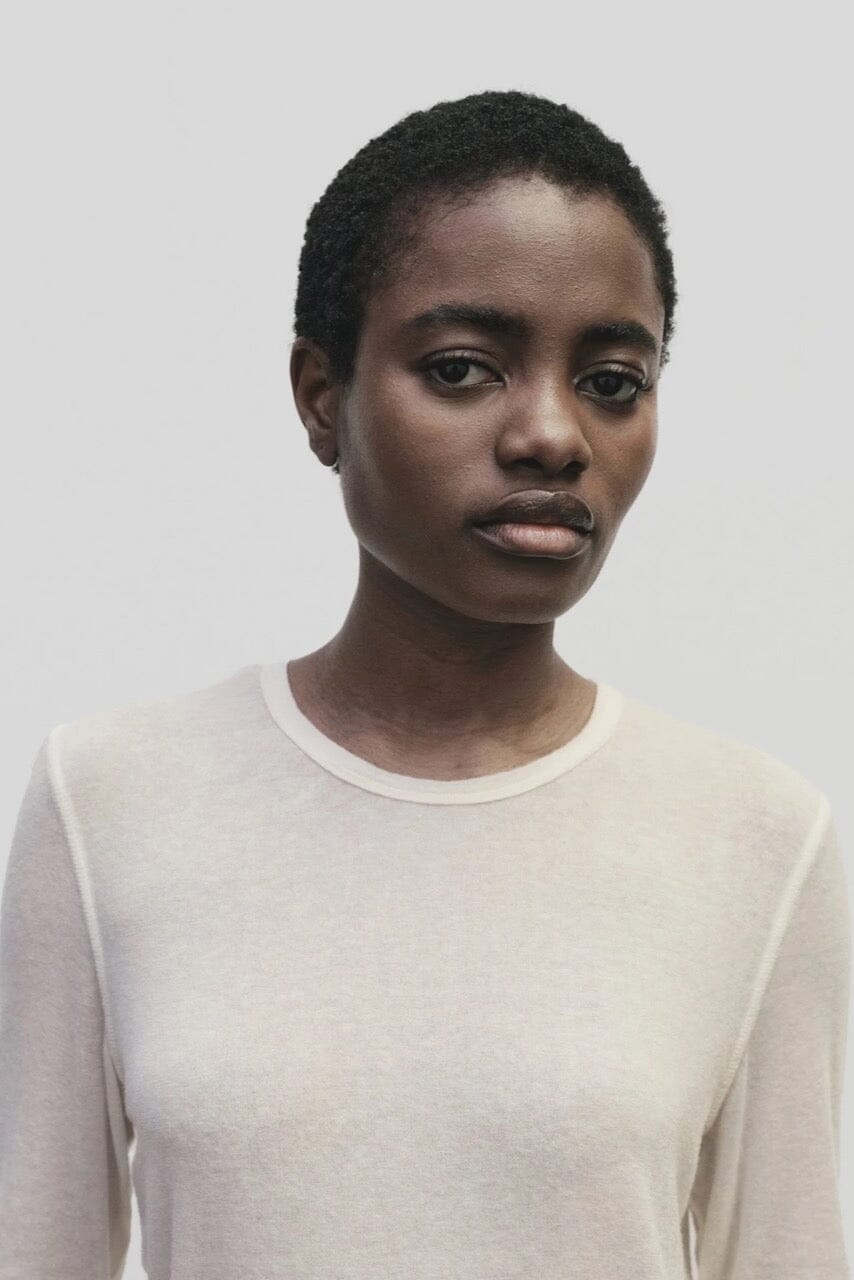 Ivory slim fit wool Tencel crewneck top by Mijeong Park
