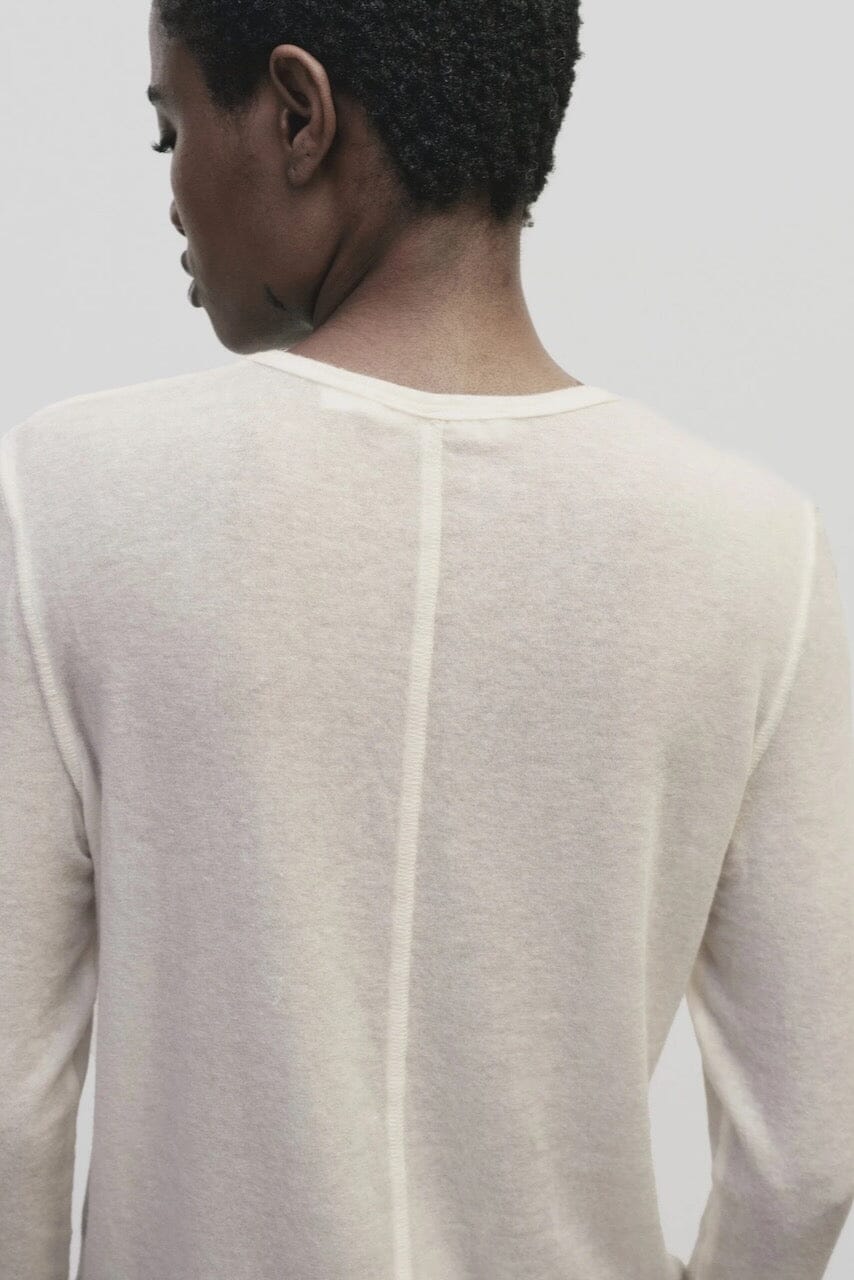 Ivory slim fit wool Tencel crewneck top by Mijeong Park