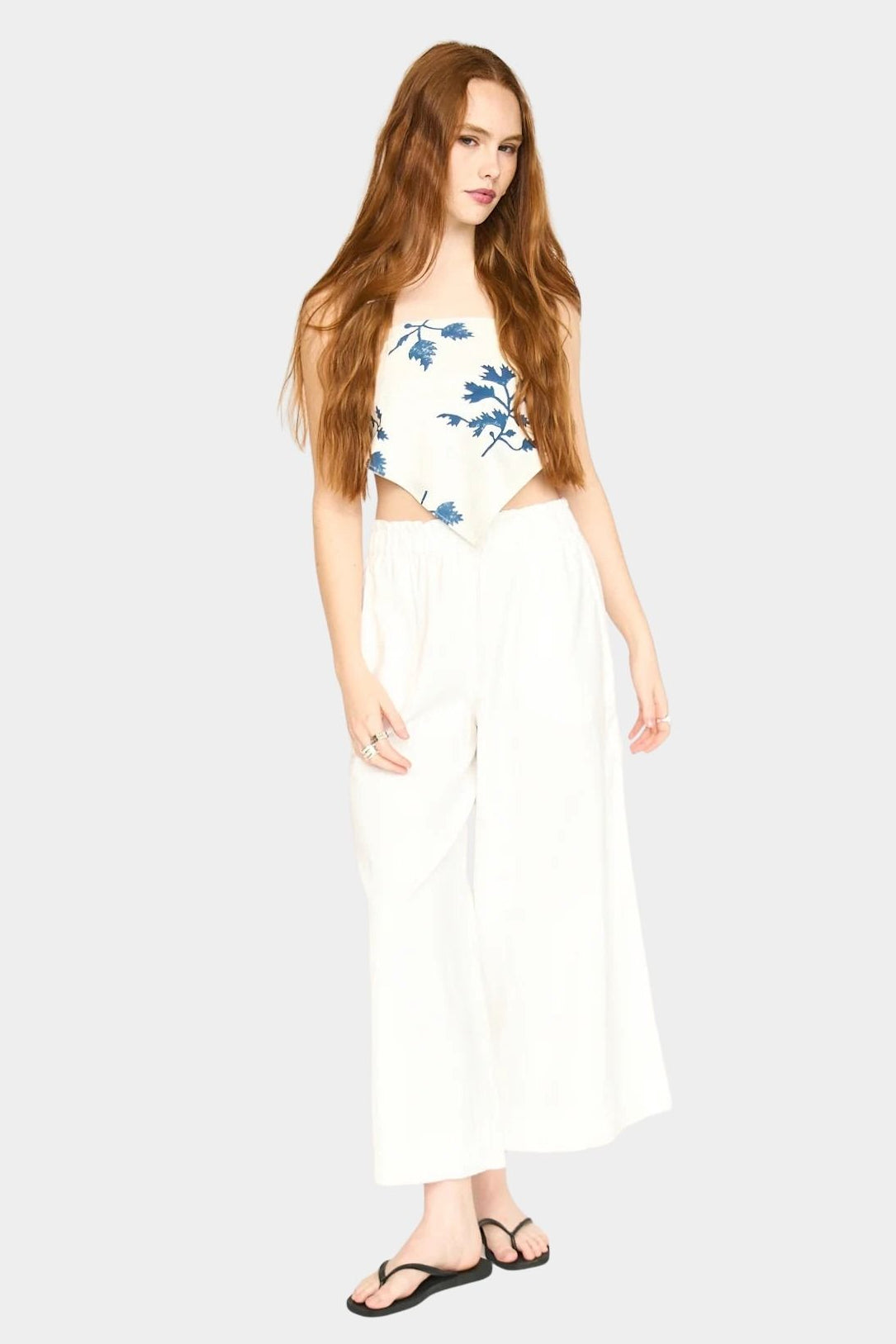 Mirth Bandana in Summer Fig styled as a halter top with hand block printed floral pattern