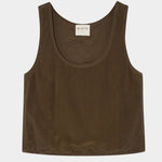 Flat lay of brown scoop neck tank with wide straps and boxy silhouette