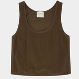 Flat lay of brown scoop neck tank with wide straps and boxy silhouette