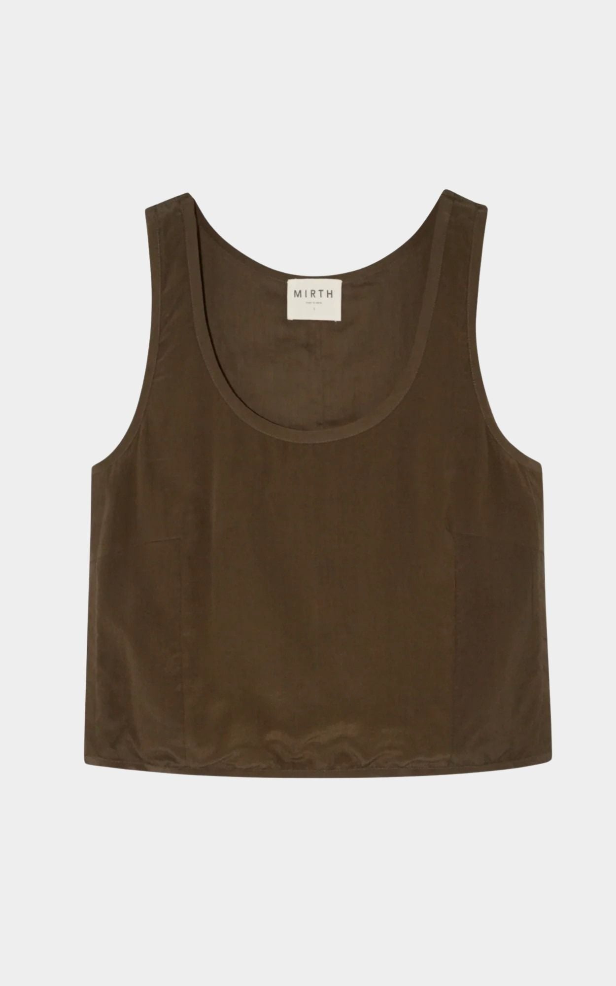 Flat lay of brown scoop neck tank with wide straps and boxy silhouette