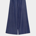 Flat lay of blueberry wide leg ankle length pants with elastic waist
