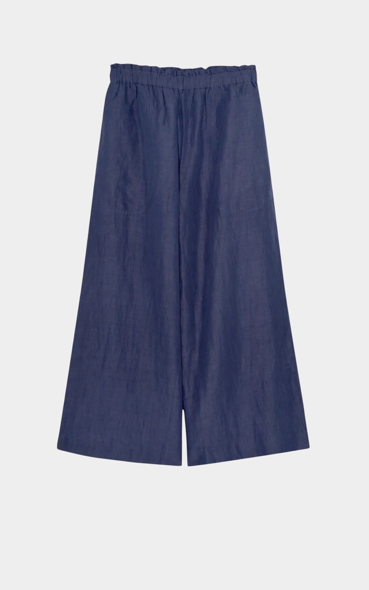 Flat lay of blueberry wide leg ankle length pants with elastic waist