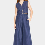 Close front detail of blueberry pants showing elastic waistband and soft cotton texture