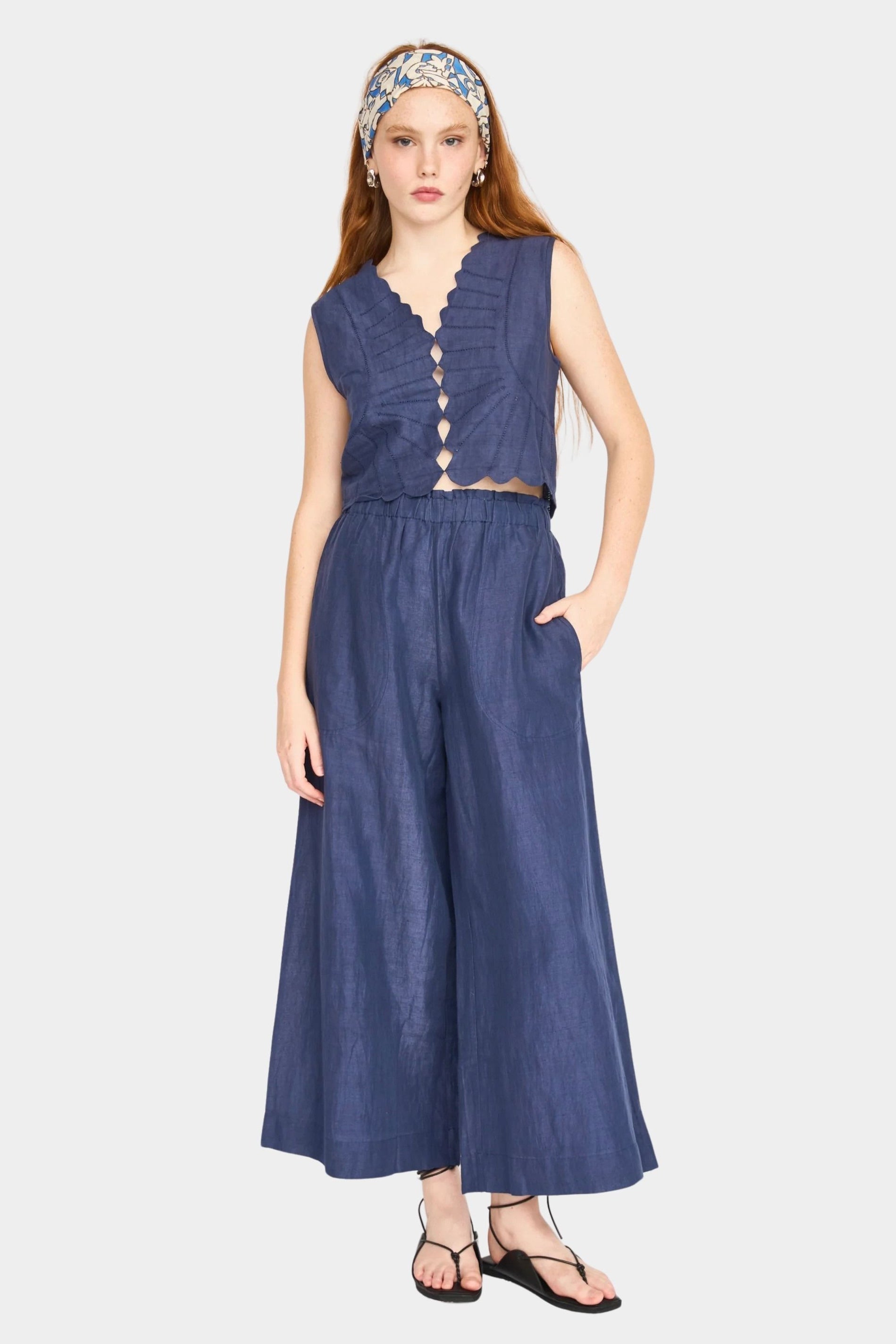 Close front detail of blueberry pants showing elastic waistband and soft cotton texture