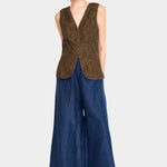 Full outfit view of blueberry wide leg pants styled with sleeveless top and sandals