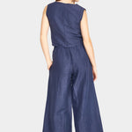 Back view of blueberry wide leg pants showing elastic waistband and loose silhouette