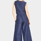 Back view of blueberry wide leg pants showing elastic waistband and loose silhouette