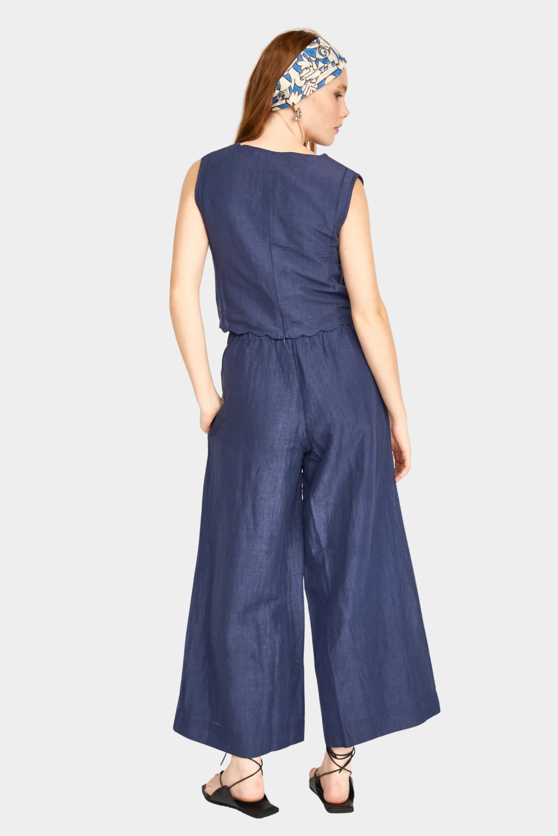 Back view of blueberry wide leg pants showing elastic waistband and loose silhouette