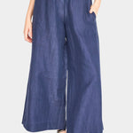 Front view of blueberry wide leg cotton pants with elastic waistband and relaxed fit