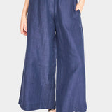 Front view of blueberry wide leg cotton pants with elastic waistband and relaxed fit