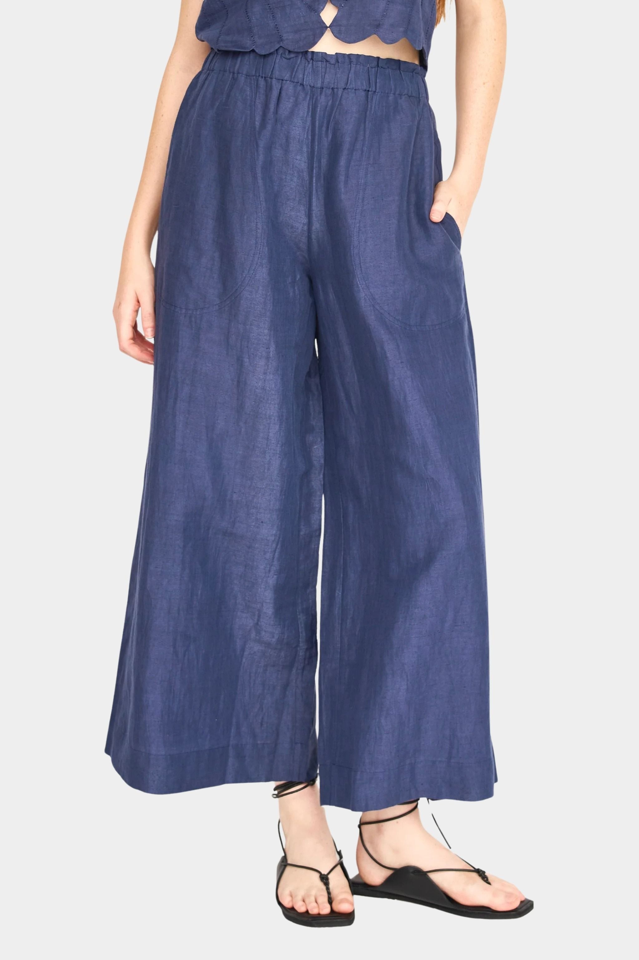 Front view of blueberry wide leg cotton pants with elastic waistband and relaxed fit