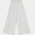 White wide leg ankle length pants flat lay with elastic waistband and loose silhouette