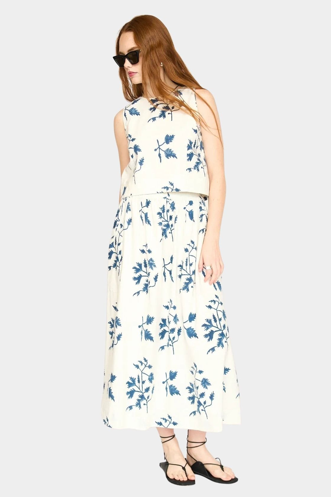 Mirth Verona Skirt in Summer Fig styled with the matching top and hand block printed floral pattern