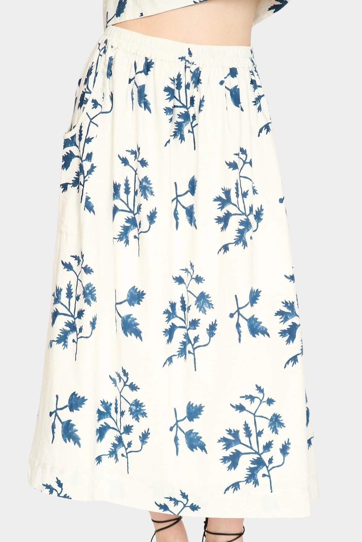 Close-up of the Mirth Verona Skirt in Summer Fig with gathered waist and flowing silhouette