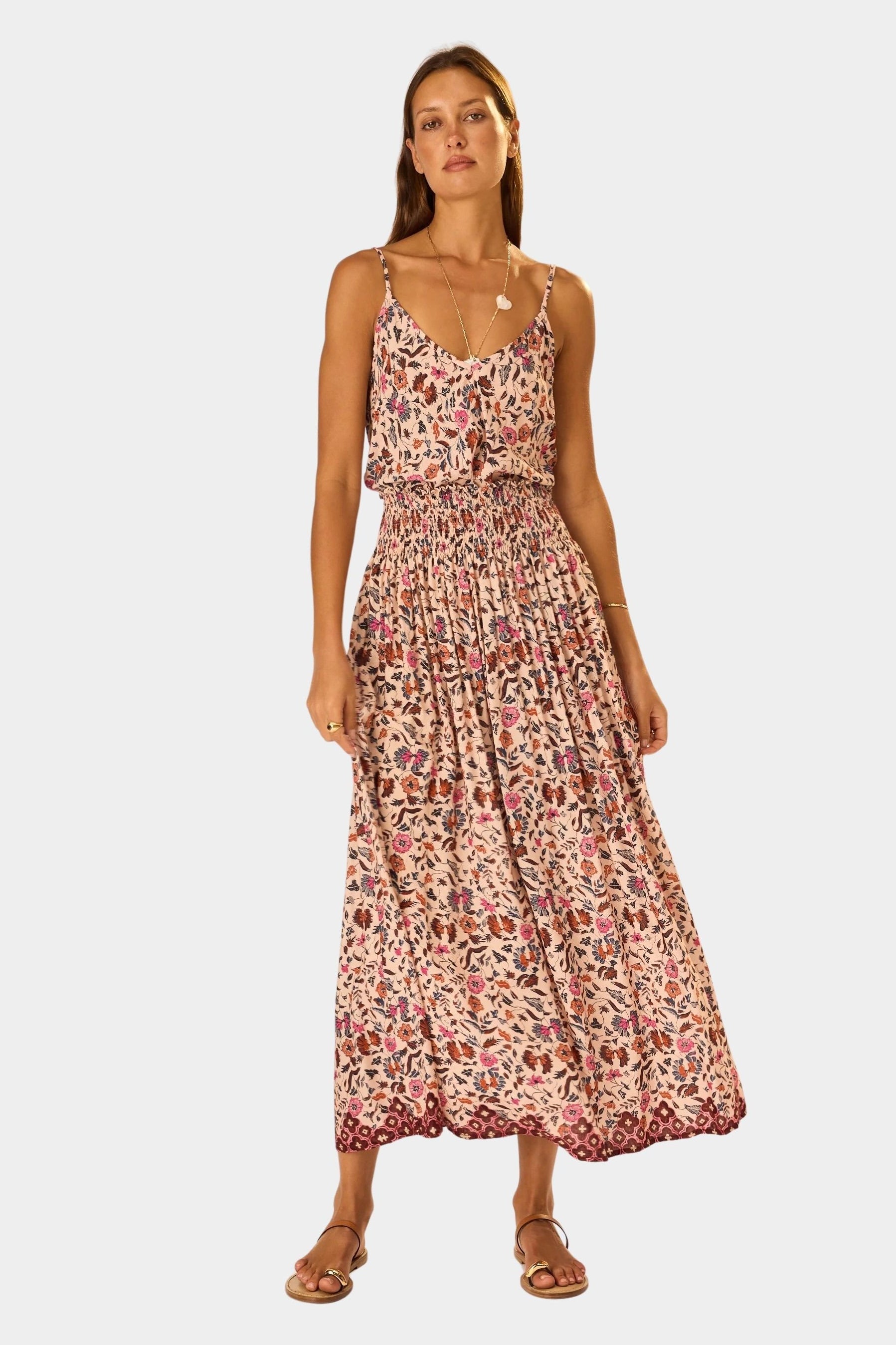 Natalie Martin Bella Skirt Wildflower Spice floral maxi skirt front view with smocked waist and flowing silhouette at YUCCA Denver