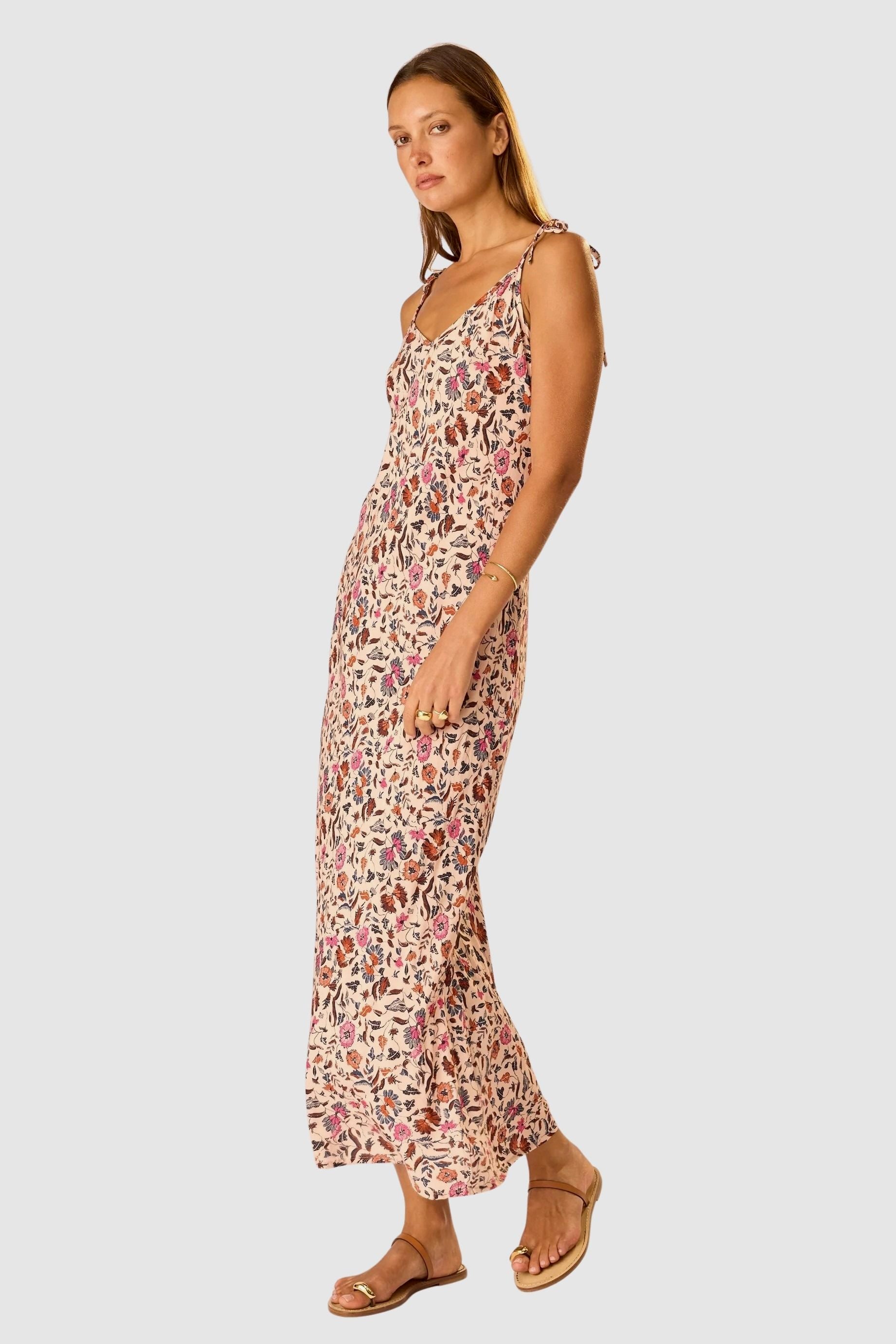 Natalie Martin Dakota Dress Wildflower Spice side profile with adjustable tie straps