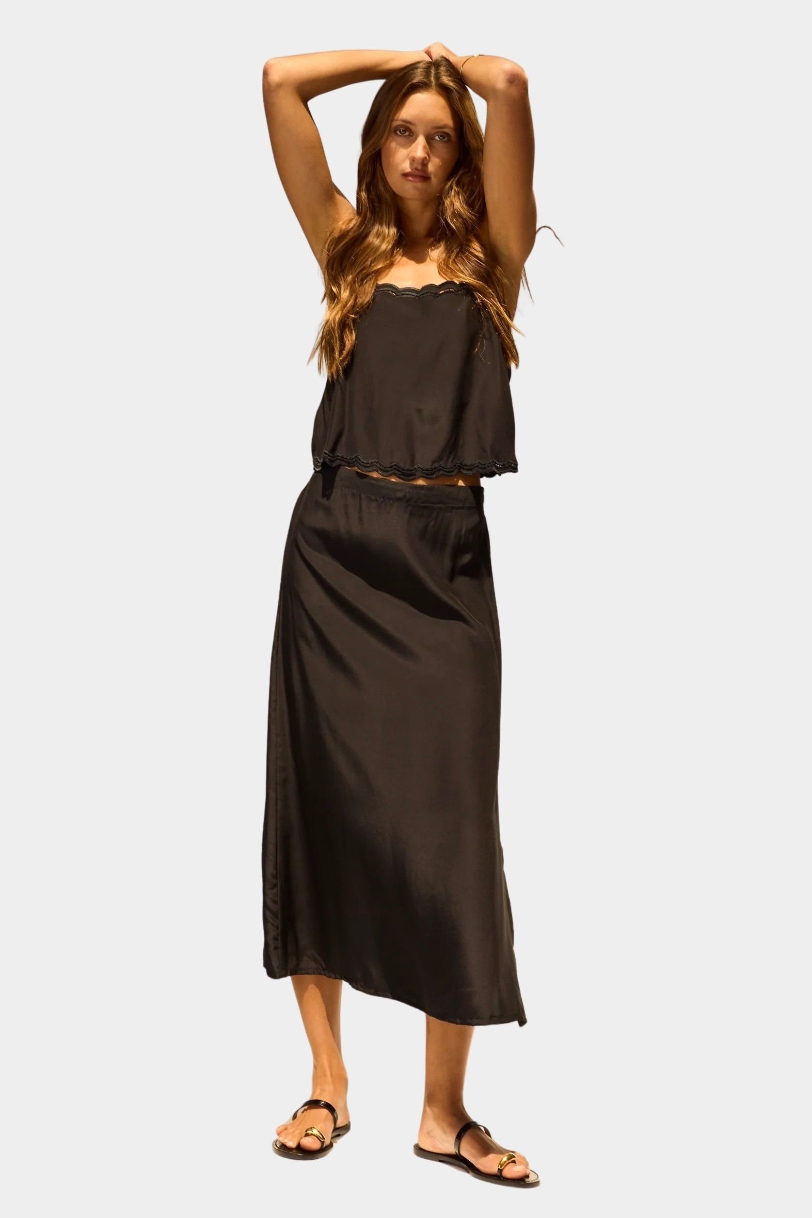 Natalie Martin Anita Skirt Black Silk full-length view with fluid silk drape and elongated slip skirt silhouette at YUCCA Denver