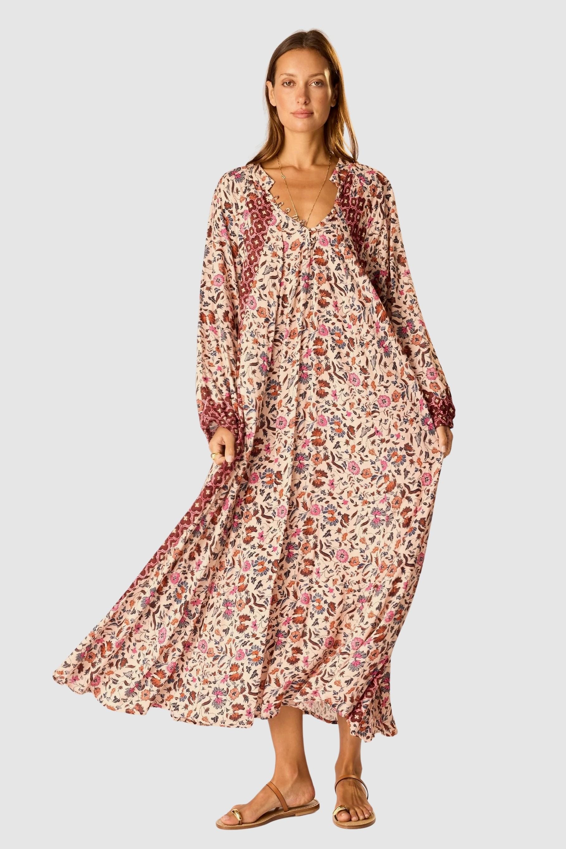 Natalie Martin Fiore Maxi Wildflower Spice floral rayon maxi dress front view with voluminous drape