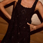 Natalie Martin Nadia Dress Black Silk Embroidery close-up detail view with tonal floral embroidery and scalloped neckline