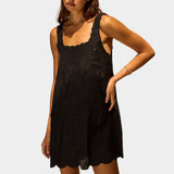 Natalie Martin Nadia Dress Black Silk Embroidery front view with scalloped trim and fluid silk mini dress silhouette at YUCCA Denver