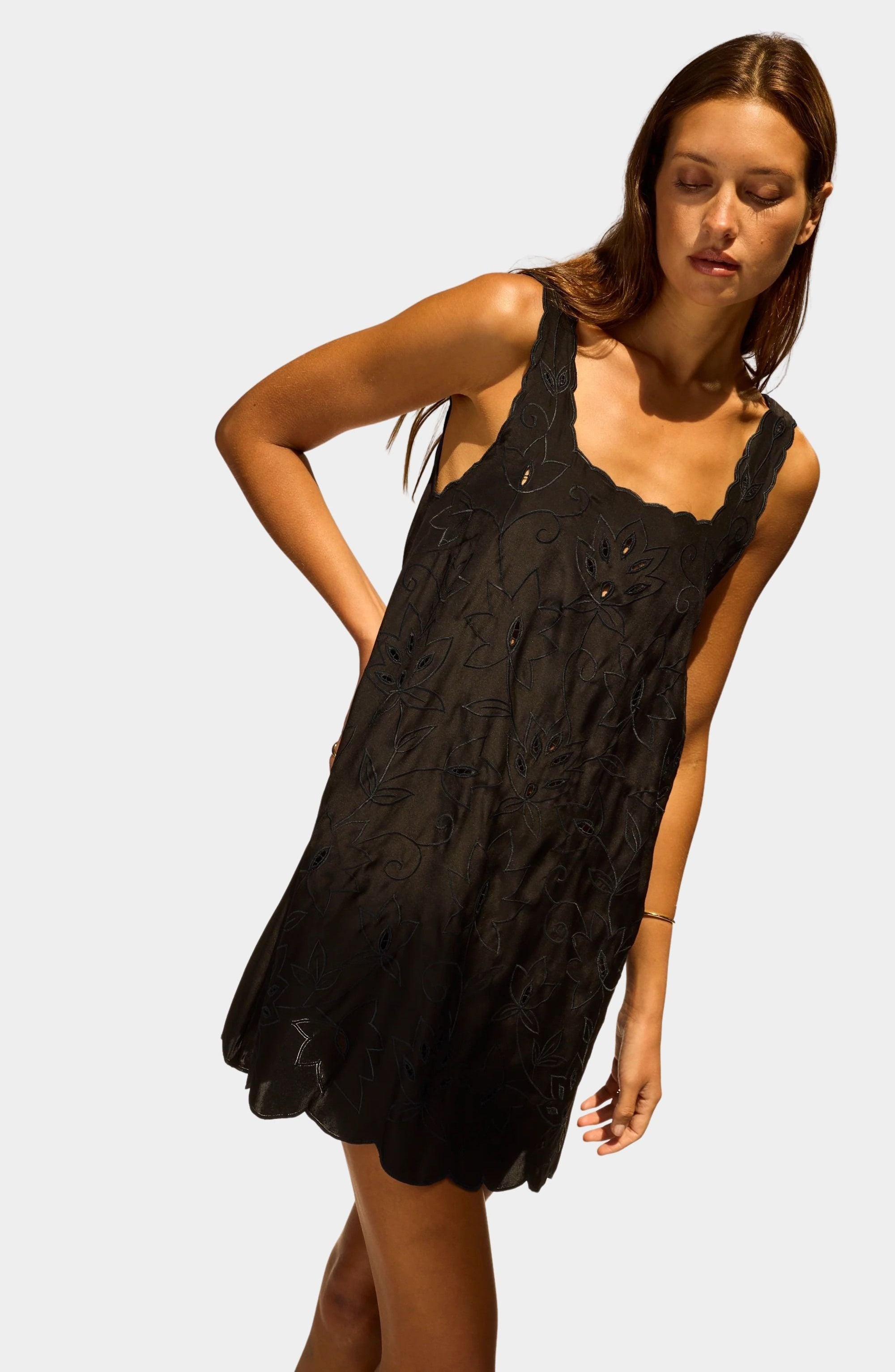 Natalie Martin Nadia Dress Black Silk Embroidery full-length view with relaxed silk silhouette and embroidered neckline