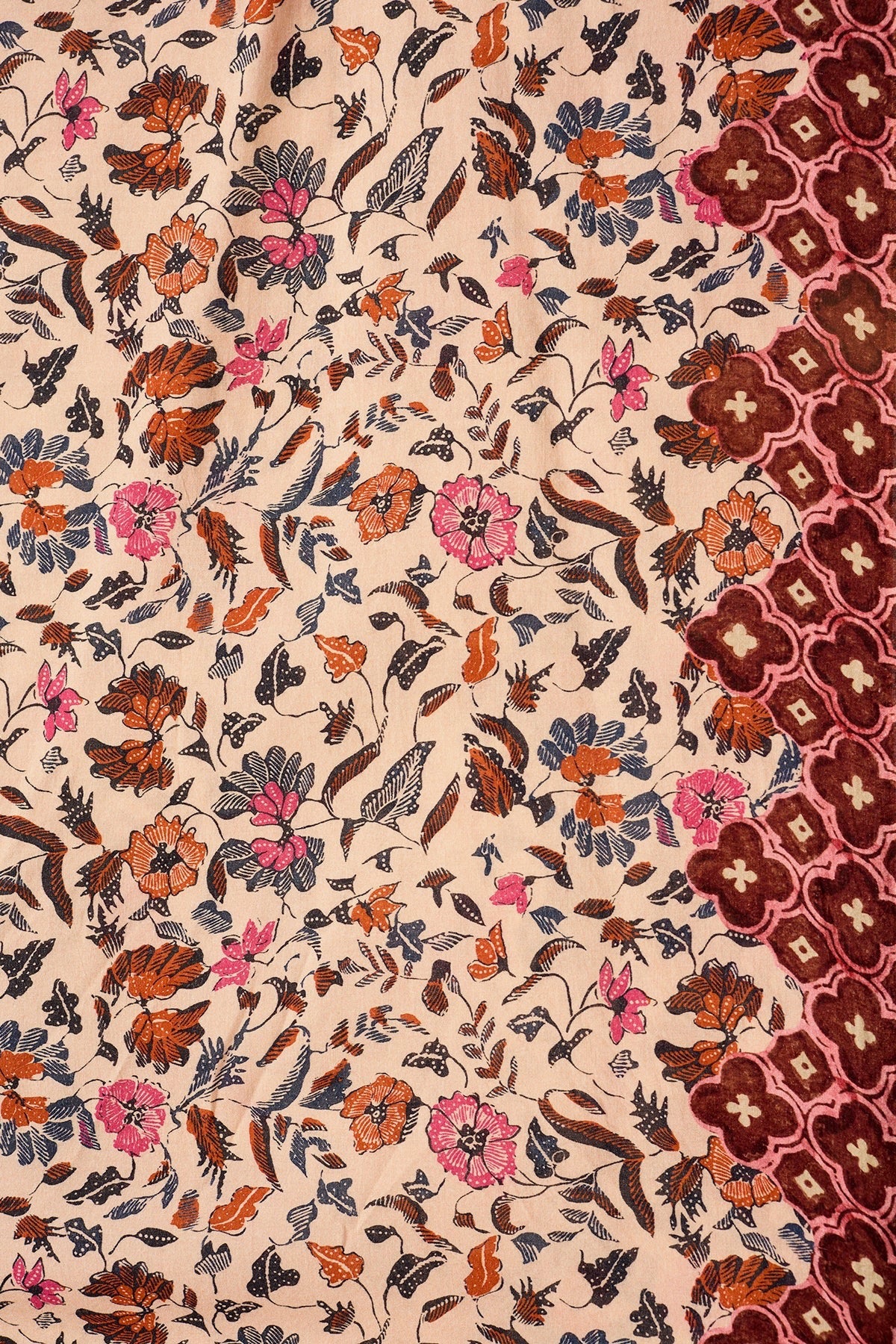 Natalie Martin Small Square Scarf Wildflower Spice close-up with mixed floral and geometric hand-dyed print at YUCCA Denver