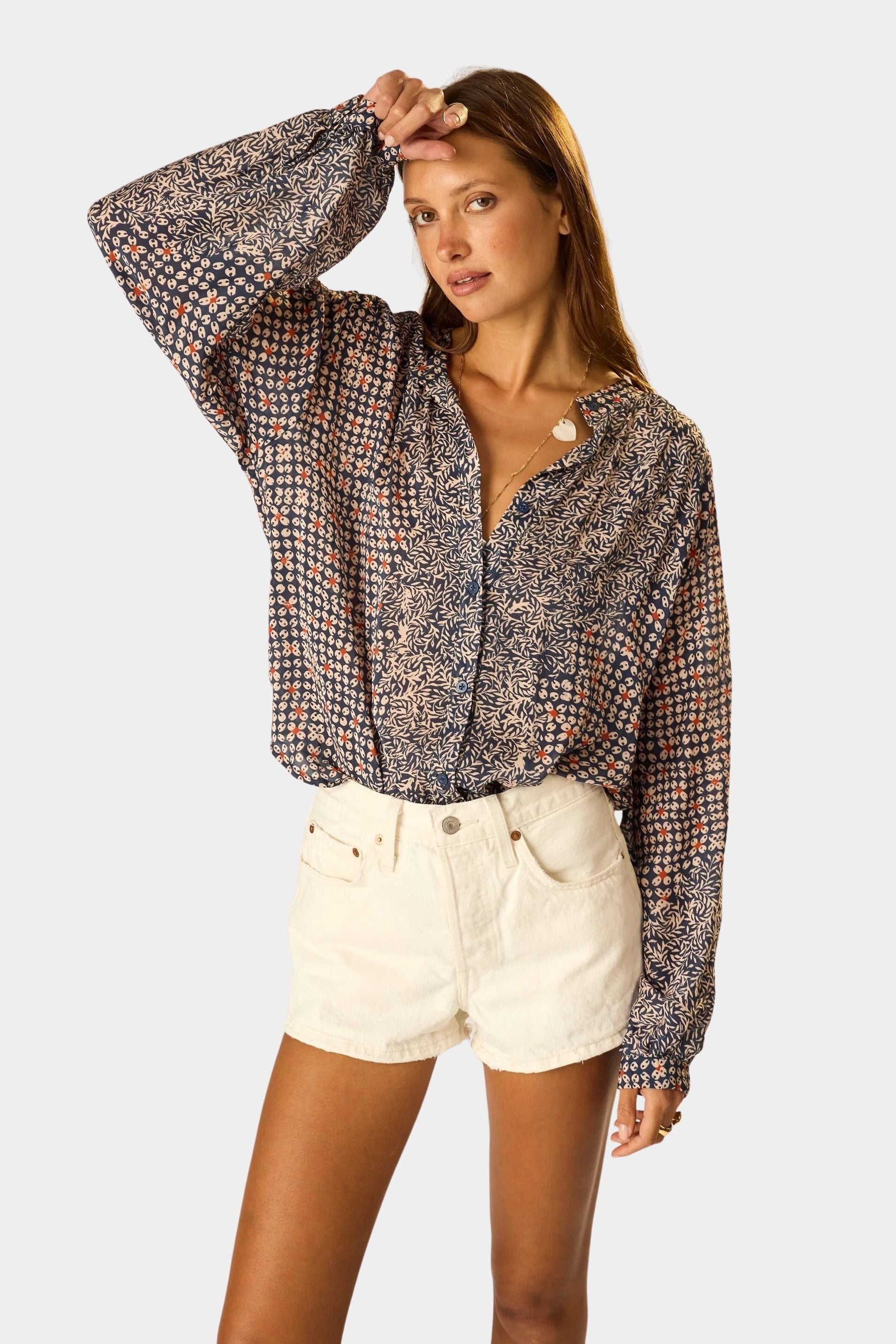Natalie Martin Tolan Shirt Delphi Ink long sleeve printed blouse front view with relaxed oversized fit