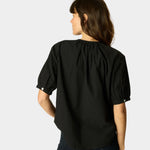 Back view of Natalie Martin Violet Top in Black Flat Cotton with subtle gathered neckline