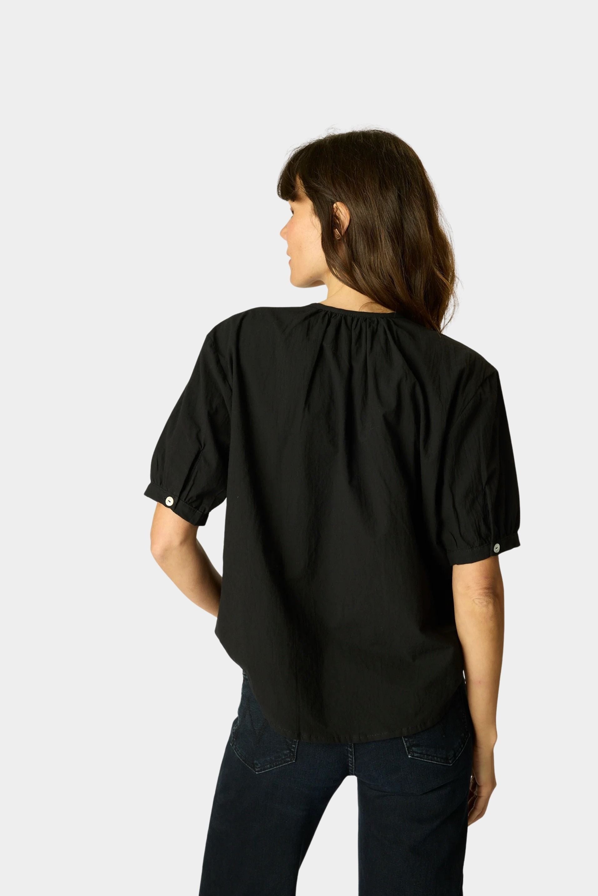 Back view of Natalie Martin Violet Top in Black Flat Cotton with subtle gathered neckline