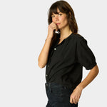 Natalie Martin Violet Top in Black Flat Cotton side angle with soft gathered sleeves