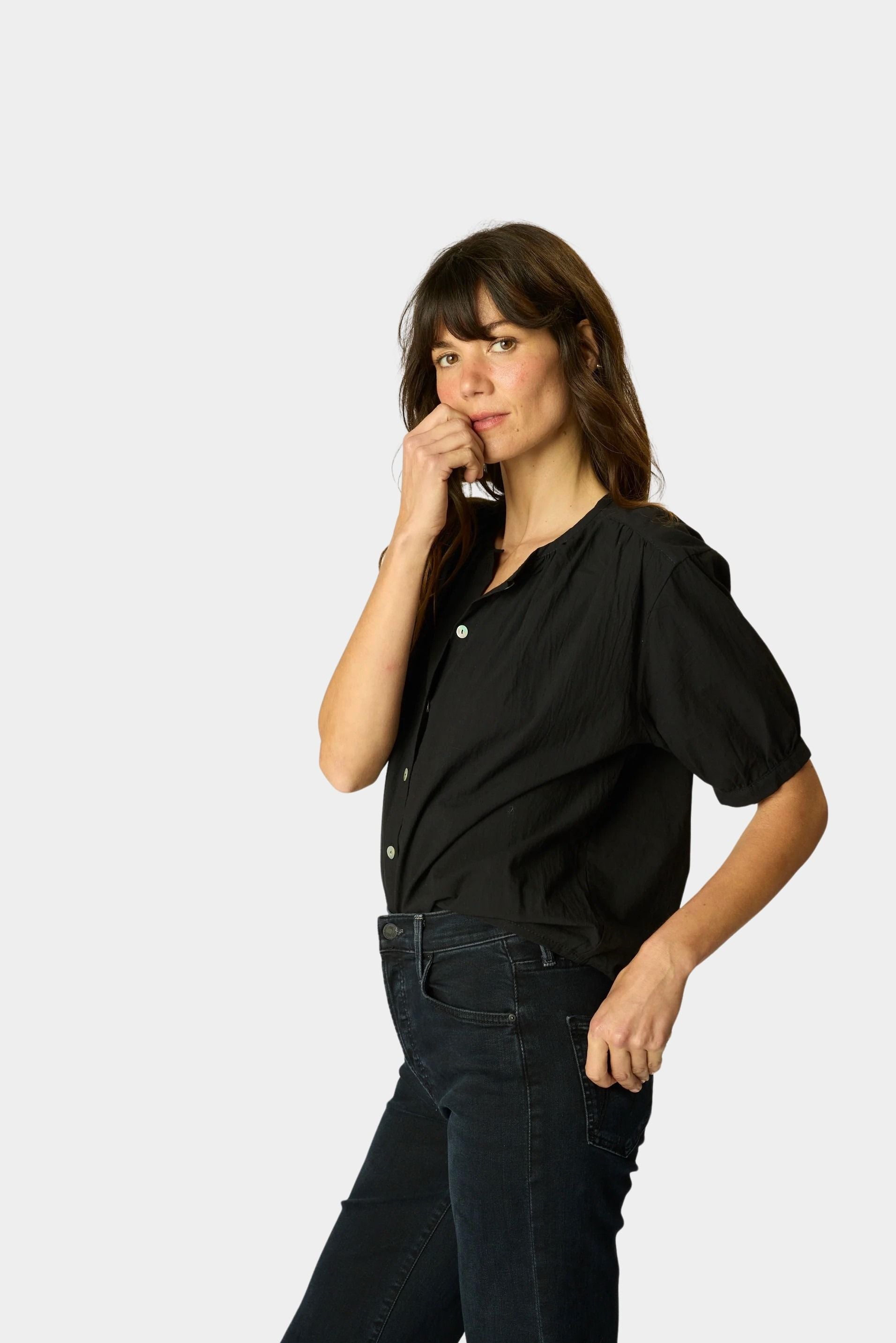 Natalie Martin Violet Top in Black Flat Cotton side angle with soft gathered sleeves