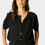 Close-up of Natalie Martin Violet Top in Black Flat Cotton with shell button detailing