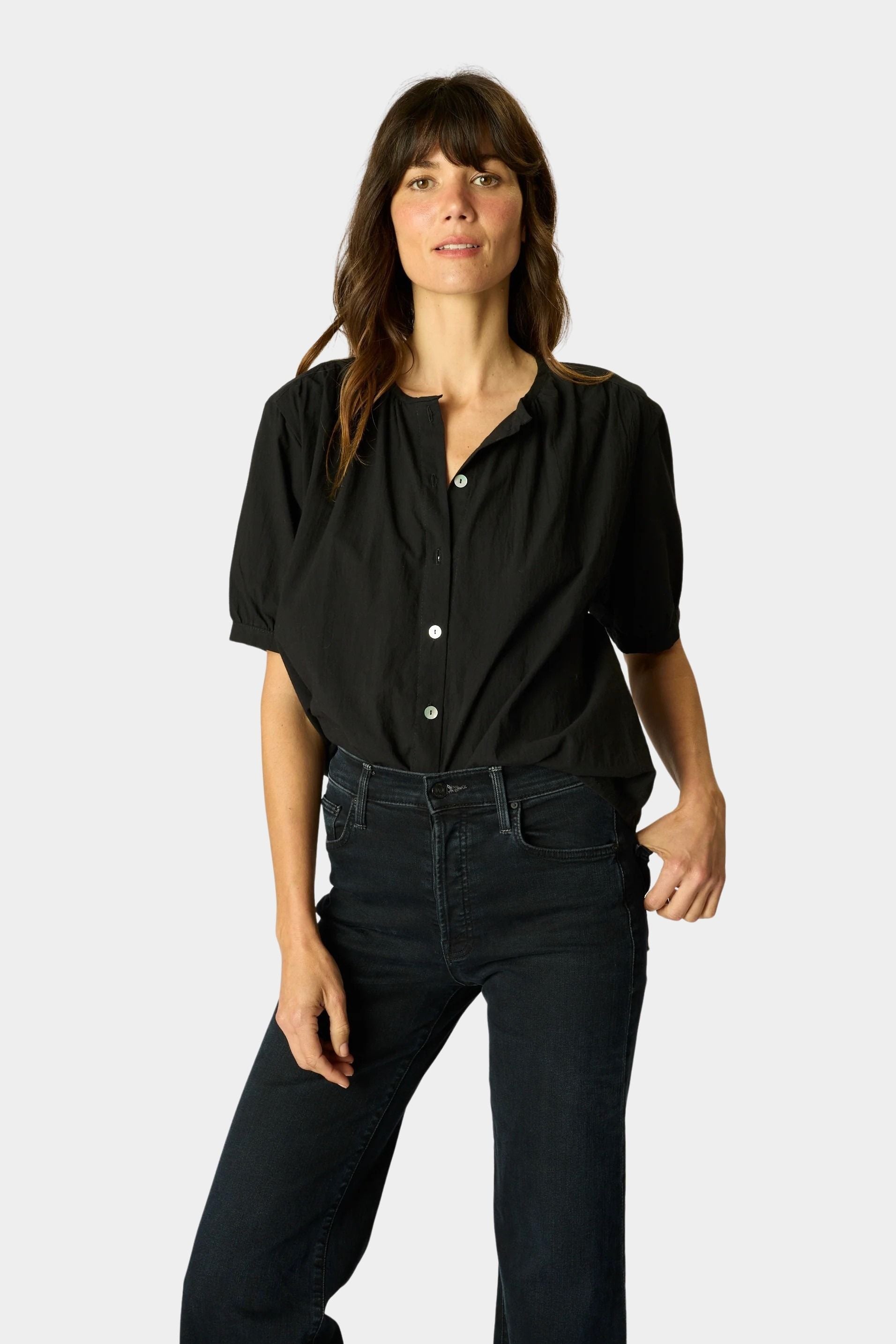 Natalie Martin Violet Top in Black Flat Cotton styled with dark denim and soft drape