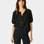 Natalie Martin Violet Top in Black Flat Cotton front view with shell buttons and relaxed fit