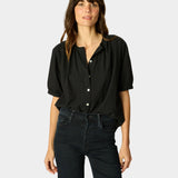 Natalie Martin Violet Top in Black Flat Cotton front view with shell buttons and relaxed fit