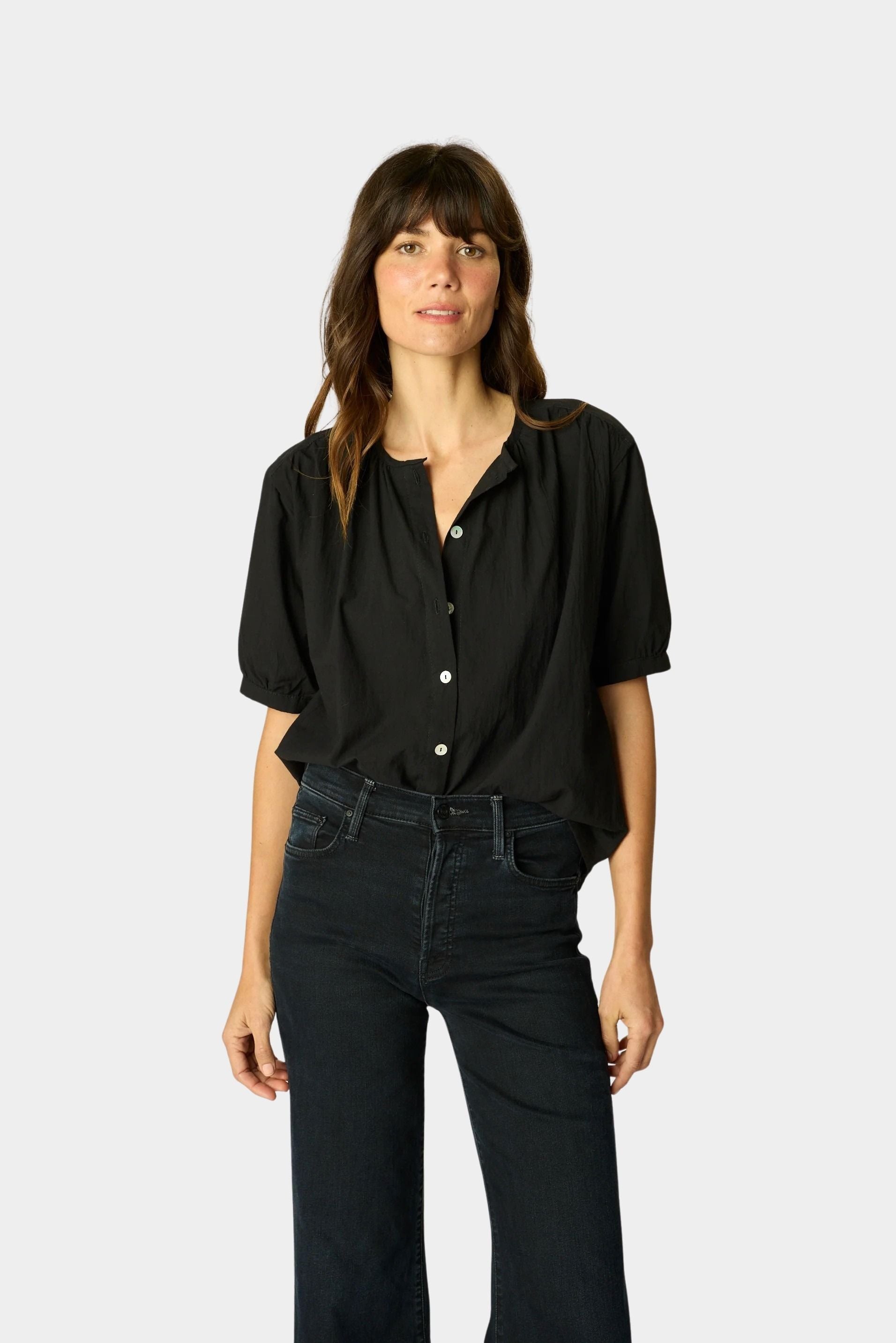 Natalie Martin Violet Top in Black Flat Cotton front view with shell buttons and relaxed fit