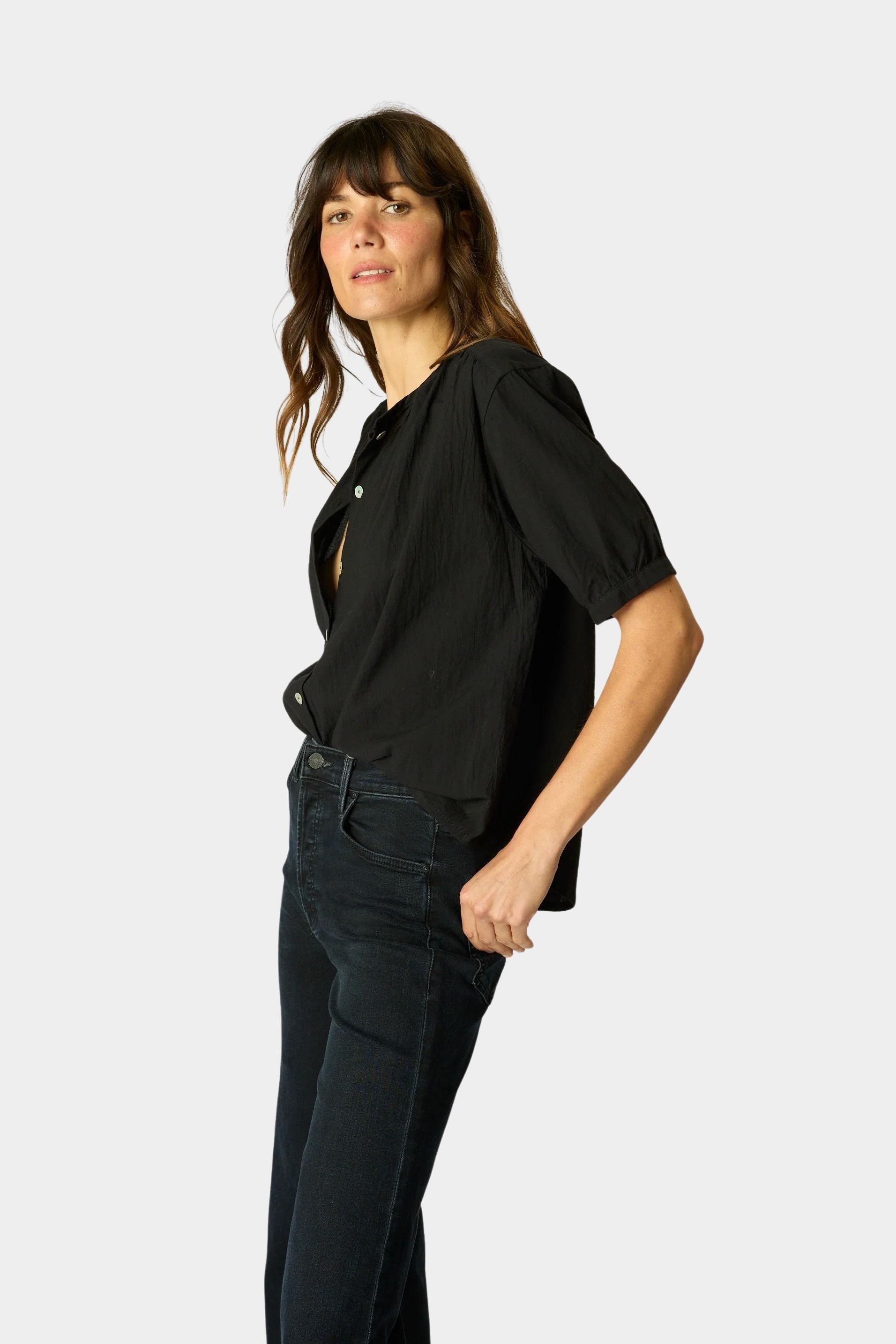 Natalie Martin Violet Top in Black Flat Cotton side profile with relaxed short sleeves at YUCCA Denver
