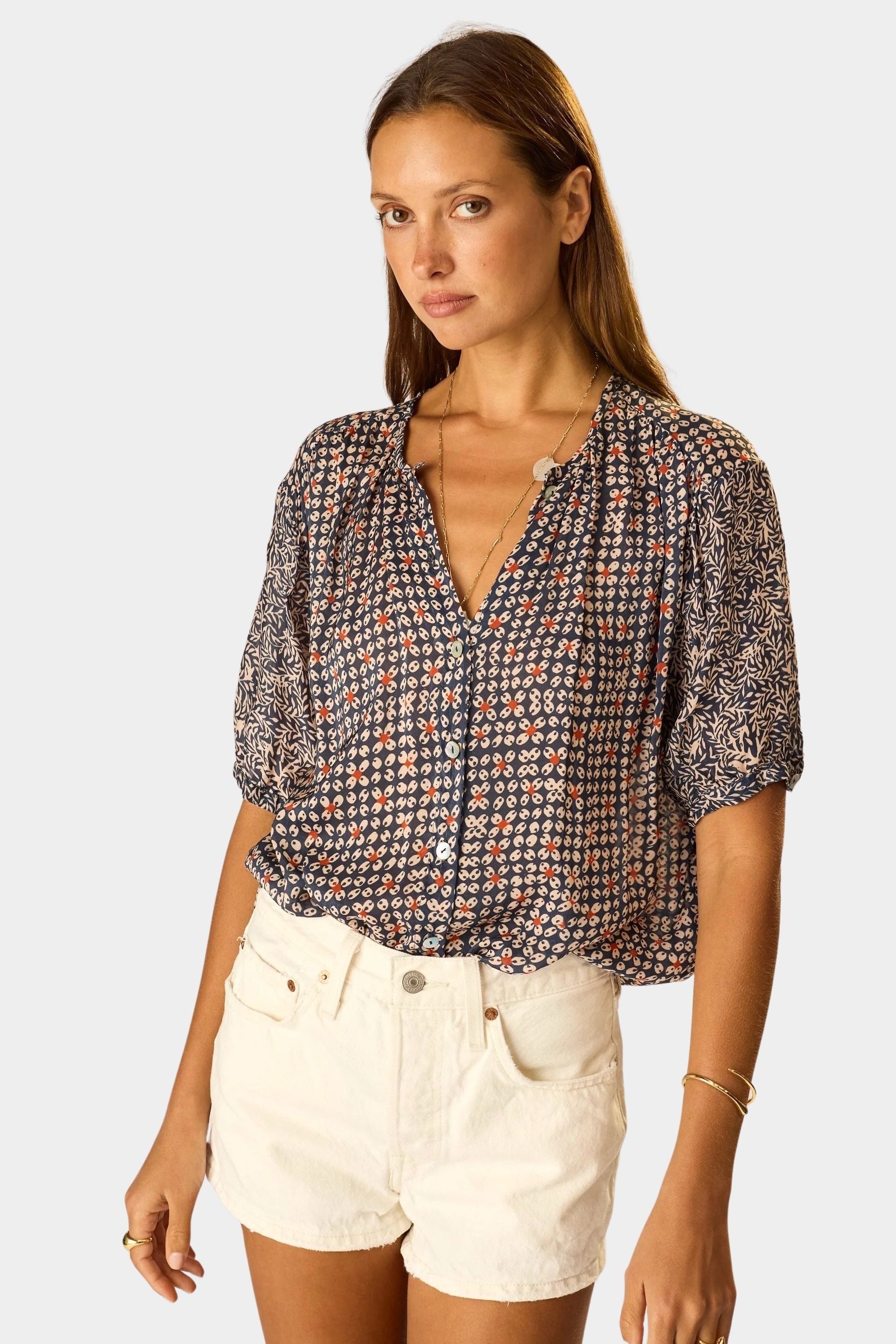 Natalie Martin Violet Top Delphi Ink front view with shell buttons and relaxed bohemian fit